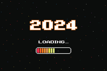 Wall Mural - LOADING 2024 .pixel art .8 bit. retro game. for game assets in vector illustrations. Retro Futurism Sci-Fi Background. glowing neon grid and star from vintage arcade computer games