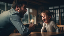Dad Has A Fight With His Child Daughter. Domestic Violence, Misunderstanding, Child Crisis, Quarrel With Child. A Grown Man Fighting With His Daughter.