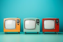 Retro old TV set receiver front gradient mint green wall background. Vintage instagram style filtered photo