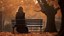Back View Of Lonely Woman With Long Hair And Wearing A Coat Sitting Alone On A Park Bench In Autumn Created With Generative AI Technology