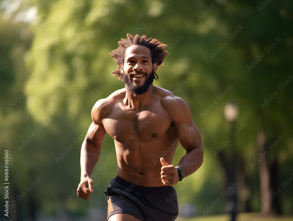 Muscle Man Running Muscular Man Running Through Park: A fit, shirtless man with a joyful ...