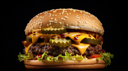 Wall Mural - Delicious big double cheeseburger with melted cheese, lettuce and beef on a black background