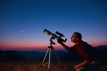 Wall Mural - astronomer looking at the starry skies and crescent moon with a telescope.