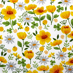 Poster - Daisy and buttercup flower pattern fabric design on white