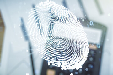 Aufkleber - Multi exposure of virtual abstract fingerprint illustration on calculator background, digital access concept