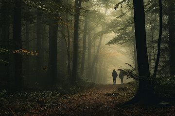 Generative ai picture of beautiful people walking on path in autumn season forest