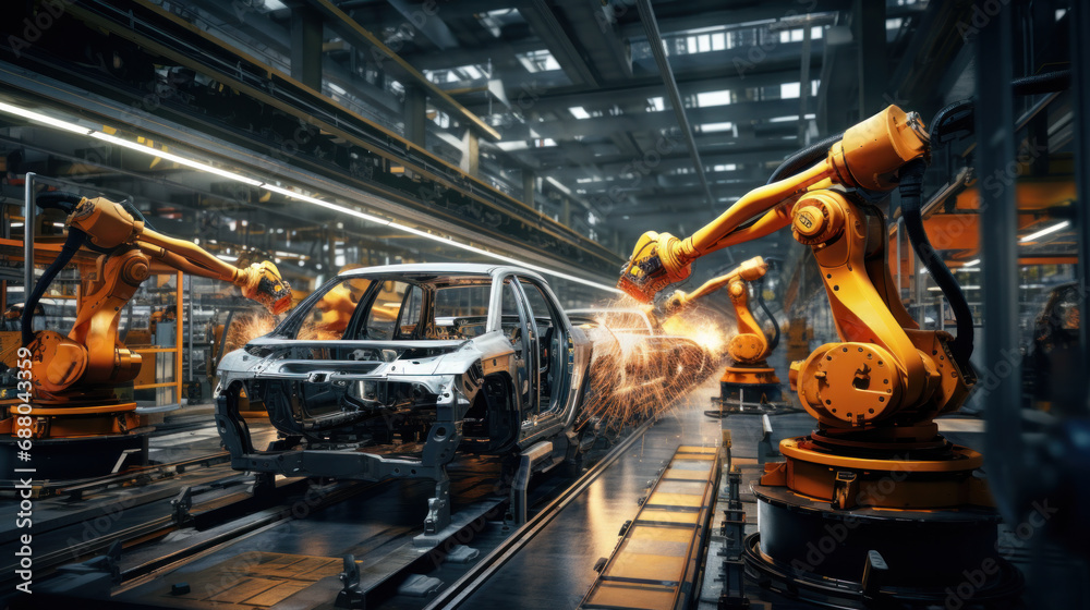 Automatic car factory with robots assembling car Stock Photo | Adobe Stock