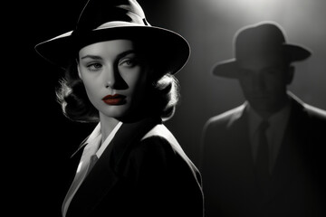 Wall Mural - Woman wearing a hat and a coat characterized as a classic detective or gangster look. Femme fatale. Noir movie, portrait of 40s detective.