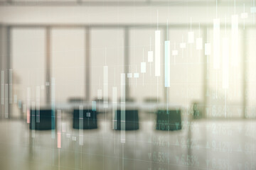 Poster - Double exposure of abstract creative financial chart hologram on a modern meeting room background, research and strategy concept