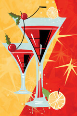 Wall Mural - Vintage Christmas classic cocktails. Retro Mid century style festive drink illustration