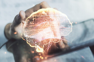 Poster - Creative artificial Intelligence concept with human brain sketch and finger presses on a digital tablet on background. Double exposure
