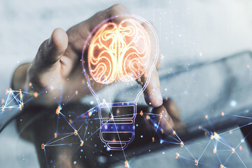 Poster - Double exposure of creative light bulb hologram with human brain and with finger clicks on a digital tablet on background, idea and brainstorming concept