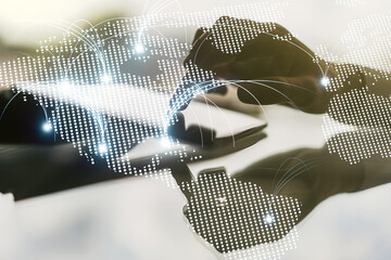 Poster - Double exposure of abstract digital world map with connections and finger clicks on a digital tablet on background, research and strategy concept