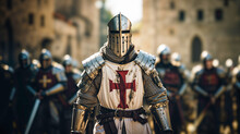 Templar Knight Wearing An Armor With A Red Christian Cross On It, Medieval Times With An Army, Castle Village Or Town Background, Crusader Hd