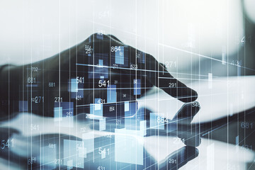 Poster - Multi exposure of abstract statistics data hologram interface and hand working with a digital tablet on background, computing and analytics concept