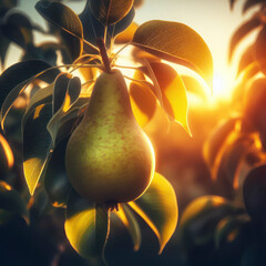 Wall Mural - Pears growing with the Sun in the background. A fruit and farming concept. ai generative