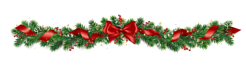 Wall Mural - Christmas tree garland on transparent background, vector illustration. Realistic pine tree branches with red bow and ribbons. Decoration for holiday banners, party posters, cards, headers.