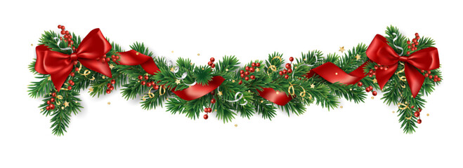 Wall Mural - Christmas tree garland on transparent background, vector illustration. Realistic pine tree branches with red bow and ribbons. Decoration for holiday banners, party posters, cards, headers.