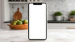 iPhone mockup with transparent screen on kitchen counter, home cooking background