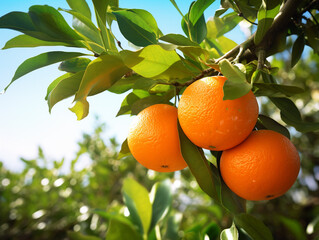 Close-up of a vibrant orange grove with citrus fruits hanging from the branches. Orange farm where the fruits are ready to be picked.