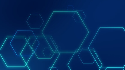 Poster - Abstract hexagon geometric blue neon lights technology dark background.