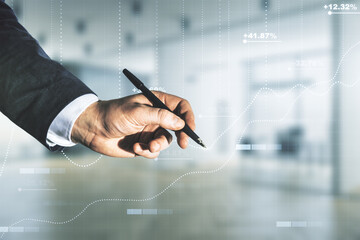 Aufkleber - Multi exposure of male hand with pen working with stats data illustration on blurred office background, computing and analytics concept