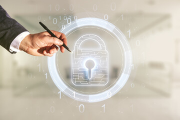 Poster - Developer's hand with pen working with virtual creative lock illustration with microcircuit on blurred office background, cyber security concept. Multiexposure