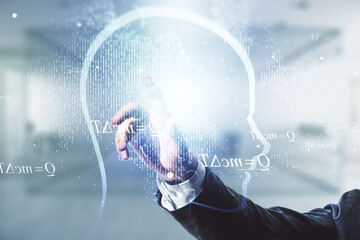 Aufkleber - Man hand working with abstract virtual artificial Intelligence interface with human head hologram on blurred office background. Multiexposure