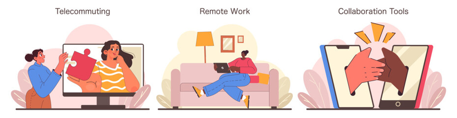 Poster - Digital Teamworks set. Seamless telecommuting, cozy remote work setup, effective collaboration tools. Expressing connectivity and productivity in modern employment. Flat vector illustration