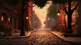 Fototapeta Natura - A charming alleyway adorned with vintage street lamps, their soft glow illuminating cobblestone paths as the surroundings blur into a picturesque scene