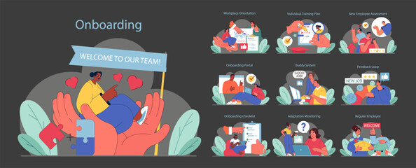 Wall Mural - Onboarding dark or night mode set. Welcoming new hires with comprehensive steps. From orientation to becoming a team member. Flat vector illustration.