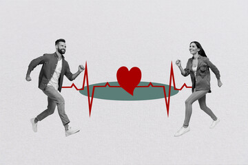 Poster - Collage pinup retro sketch of couple running meeting heart pulse valentine day dating love concept billboard comics zine minimal concept