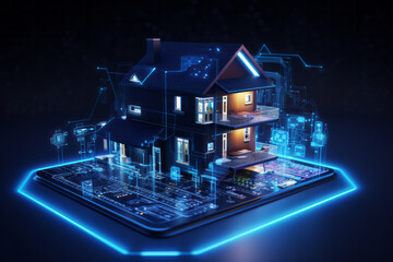 A graphic representation of a house with a glowing blue schematic overlay, symbolizing advanced home automation and connectivity