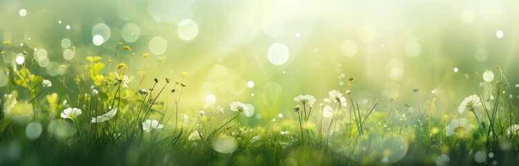 Wall Mural - a spring green grass meadow with flowers,