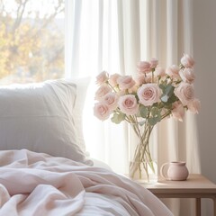 Poster - A white bedroom with a fluffy duvet, a vase of pink roses on a bedside table,
