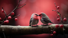 Two Pairs Of Pink Birds Standing On A Branch As A Symbol Of Love On Valentine's Day Created With Generative AI Technology