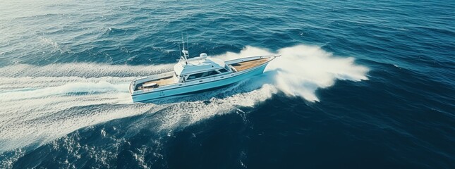 Wall Mural - aerial footage of boat speeding across the ocean boat