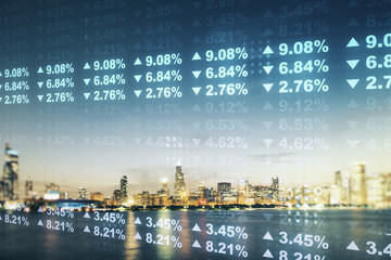 Poster - Multi exposure of abstract virtual graphic data spreadsheet sketch on Chicago cityscape background, analytics and analysis concept