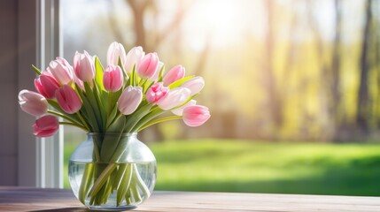 Wall Mural - An arrangement of pink and white tulips in a glass vase on a wooden table