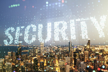 Poster - Virtual cyber security creative concept on Chicago city skyline background. Double exposure