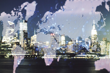 Poster - Multi exposure of abstract graphic world map on Manhattan cityscape background, big data and networking concept