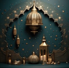 arabic design background with golden lantern and moon