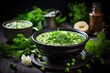 Appetizing Bowl of Peas Soup on Rustic Dark Background - Healthy Cooking and Dieting Concept