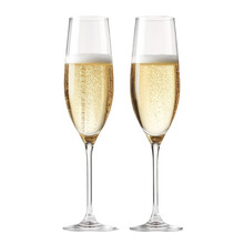Two glasses of champagne with bubbles isolated on a cutout PNG transparent background