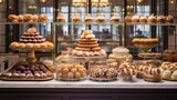 Fototapeta Natura - A Parisian patisserie display, showcasing an array of delicate pastries, croissants, and macarons, an epitome of French culinary finesse