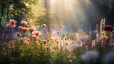 Fototapeta Natura - A peaceful botanical garden with a myriad of flowers, their vibrant colors creating a mesmerizing bokeh effect in the soft afternoon light