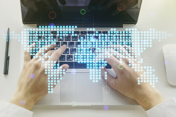 Poster - Multi exposure of abstract graphic world map and hands typing on computer keyboard on background, connection and communication concept