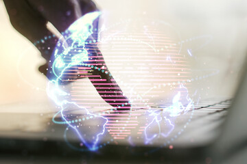 Poster - Double exposure of abstract digital world map with connections and hand typing on computer keyboard on background, big data and blockchain concept