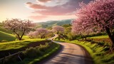 Fototapeta Natura - A picturesque countryside road lined with blossoming trees, the winding path fading into a soft blur as it leads toward distant, rolling hills