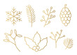 christmas, winter golden elements: cones, fir tree, mistletoe, snowflake, holly berry and pine cone- vector illustration